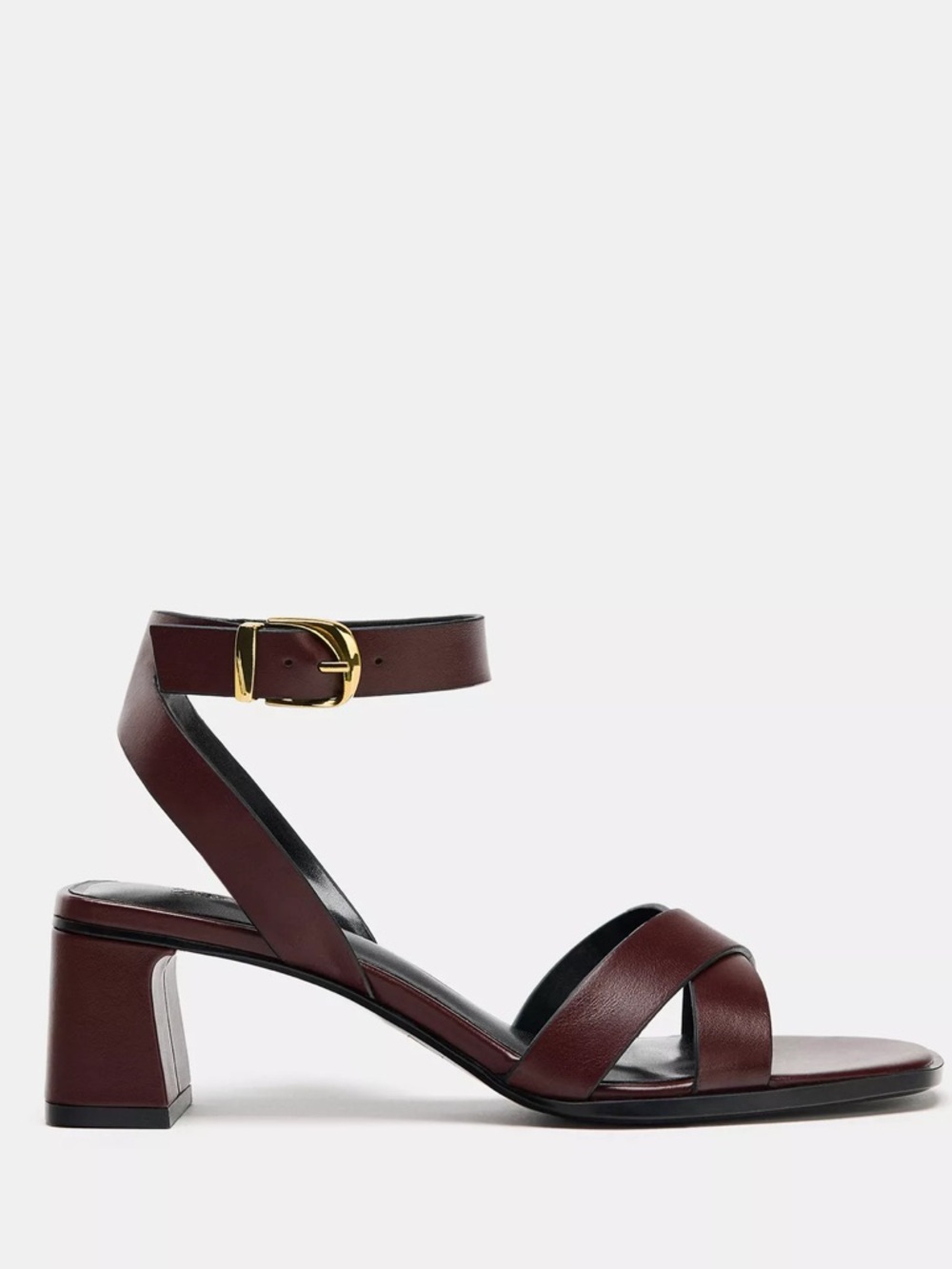 Zara Burgundy Leather Block Heel Sandals with Gold Buckle